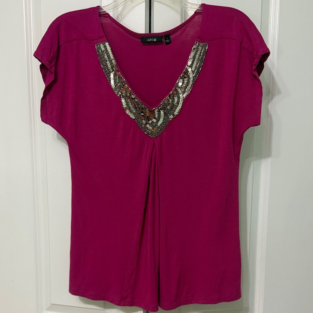 Apt. 9 Fuchsia Pink Sequin V-Neck Top Blouse Size L Pleated Front Festive - Picture 3 of 9